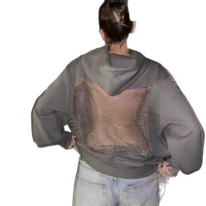 Backless Cut Out Mesh Hoodie Sweatshirt