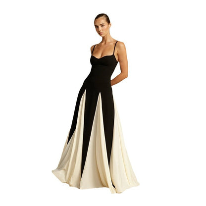 Backless halter-neck color-block dress