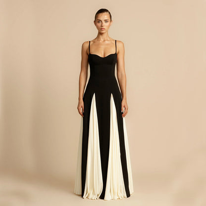 Backless halter-neck color-block dress