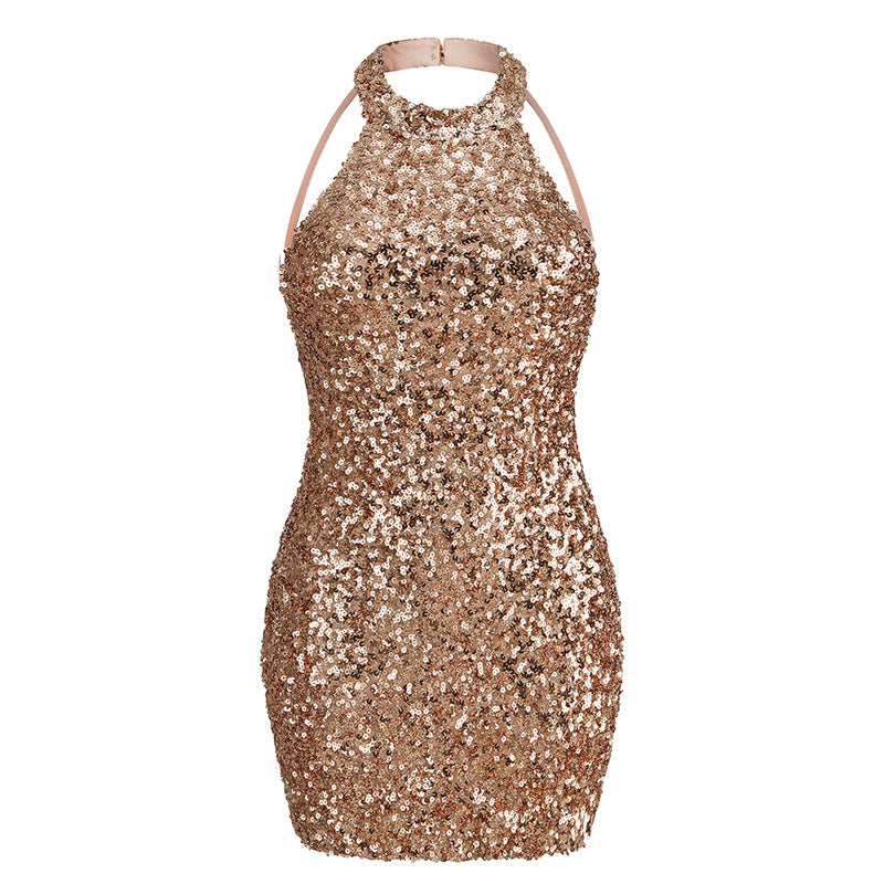 Backless neck-baring sequined dress