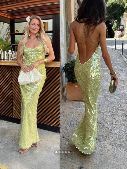 Backless Sequin Slim-Fit Long Dress