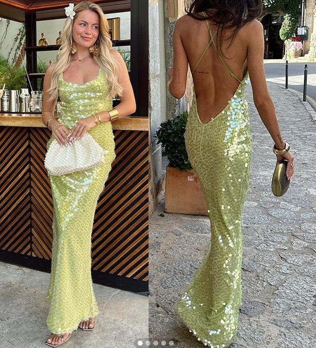 Backless Sequin Slim-Fit Long Dress