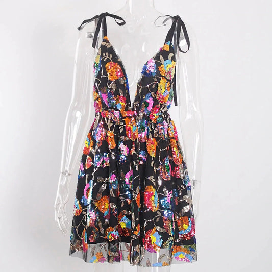 Backless sequined floral lace-up women's clothing