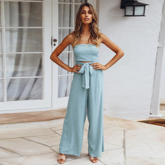 Backless, slim-fit jumpsuit and straight-leg trousers set