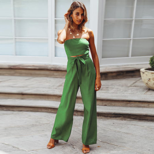 Backless, slim-fit jumpsuit and straight-leg trousers set