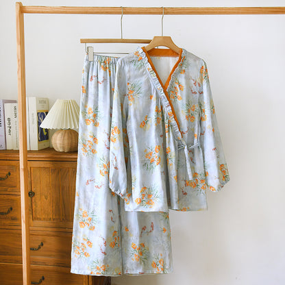 Bamboo Cotton Pajama Set with Lace-Up Design