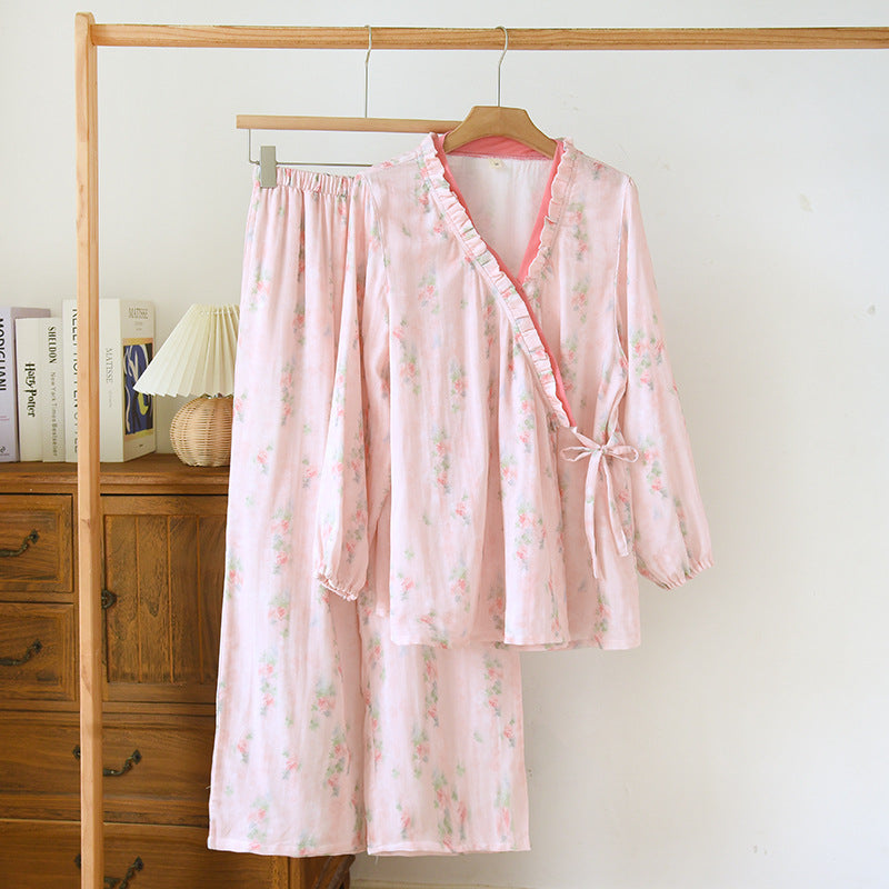 Bamboo Cotton Pajama Set with Lace-Up Design