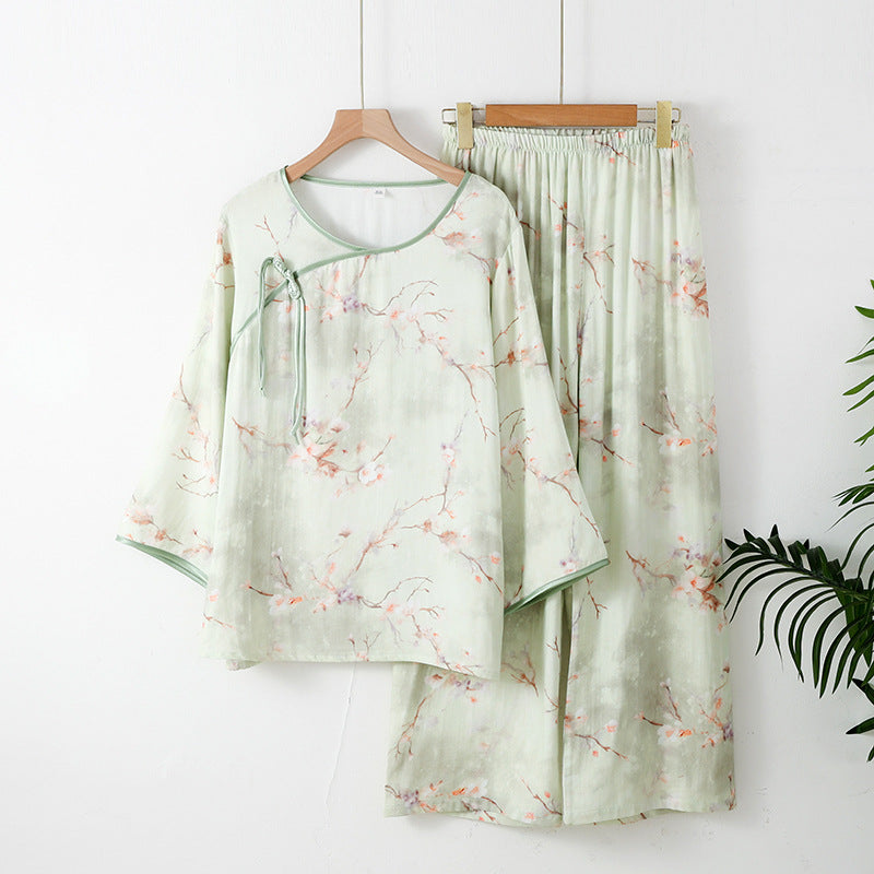 Bamboo Fiber Pajama Set with Plum Blossom Design