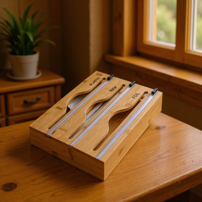Bamboo Kitchen Wrap Cutter Storage Organizer