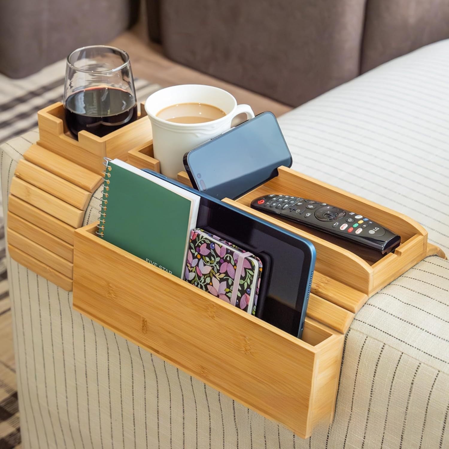 Bamboo sofa cup holder tray set