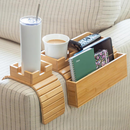 Bamboo sofa cup holder tray set