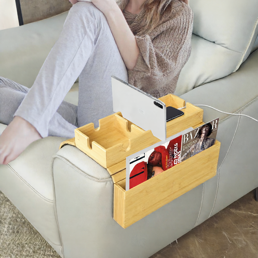 Bamboo Sofa Cup Holder with Storage Tray for Phone and Remote
