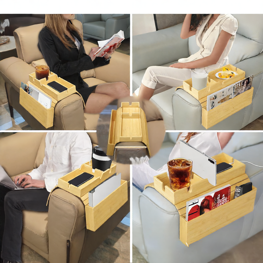 Bamboo Sofa Cup Holder with Storage Tray for Phone and Remote