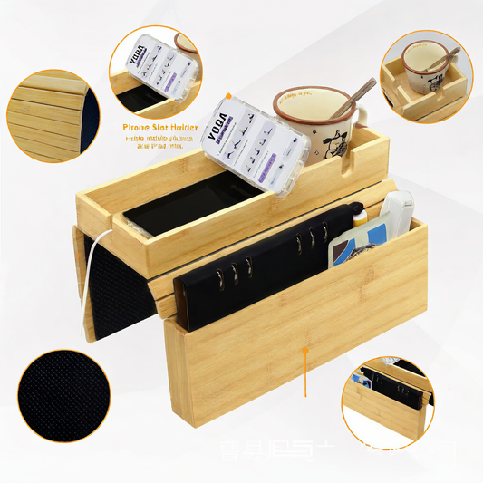 Bamboo Sofa Cup Holder with Storage Tray for Phone and Remote