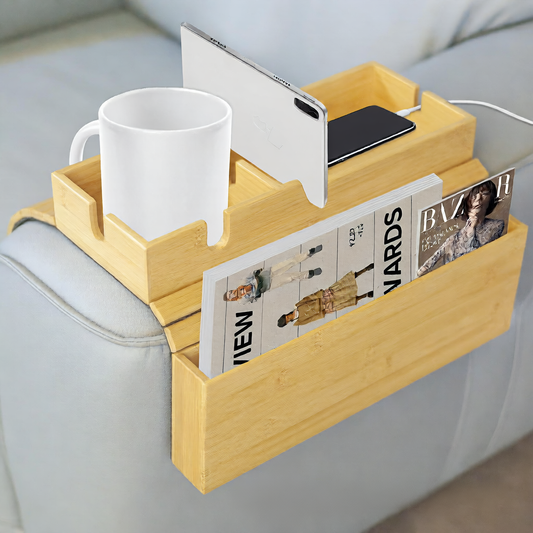 Bamboo Sofa Cup Holder with Storage Tray for Phone and Remote