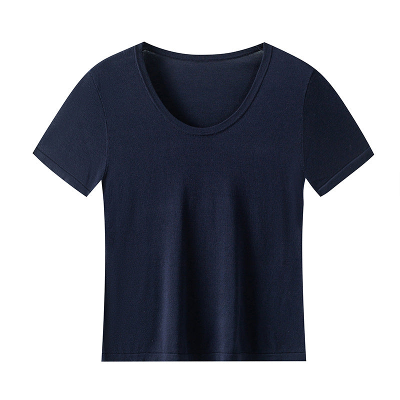 Bare-feel U-neck short sleeve top with natural shoulder line