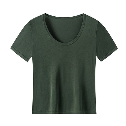Bare-feel U-neck short sleeve top with natural shoulder line