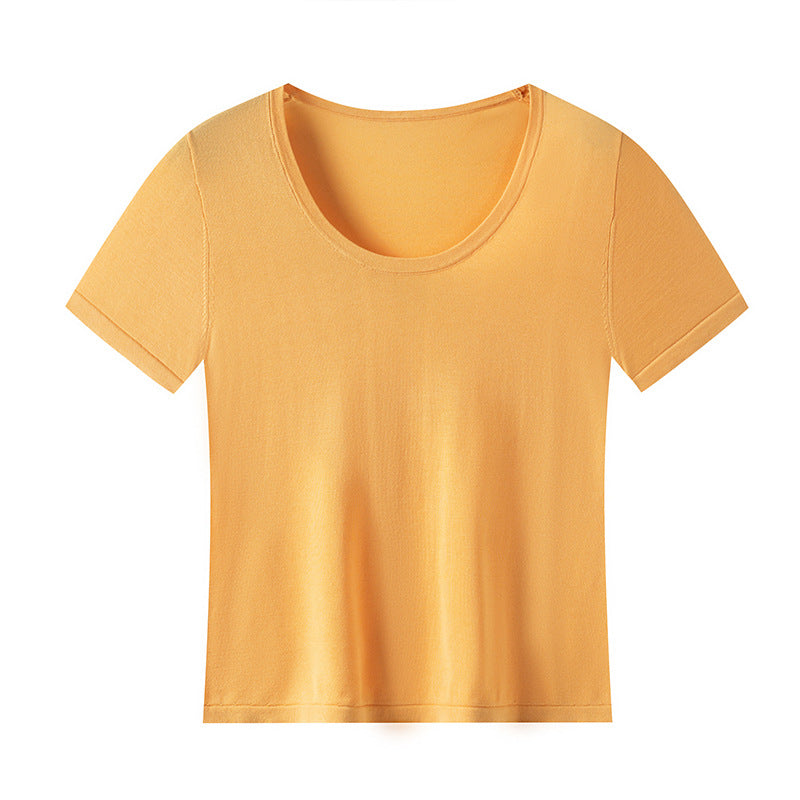 Bare-feel U-neck short sleeve top with natural shoulder line