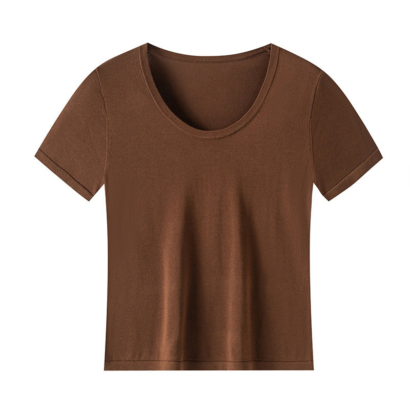 Bare-feel U-neck short sleeve top with natural shoulder line