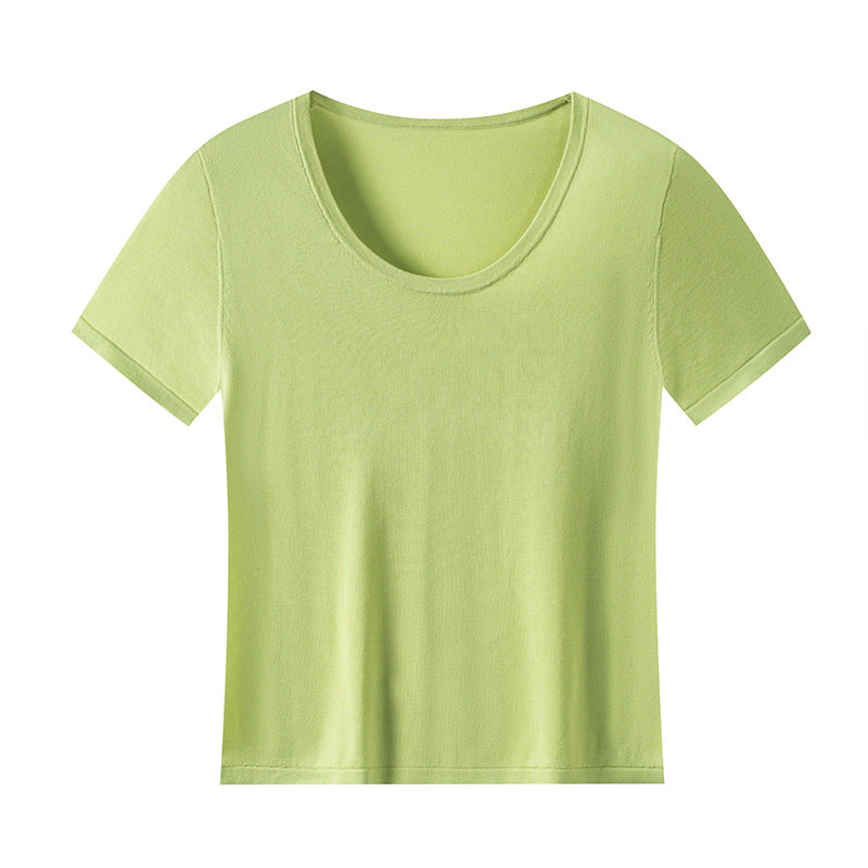 Bare-feel U-neck short sleeve top with natural shoulder line
