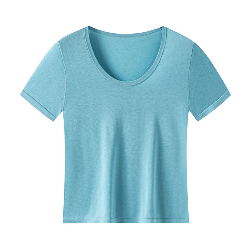 Bare-feel U-neck short sleeve top with natural shoulder line