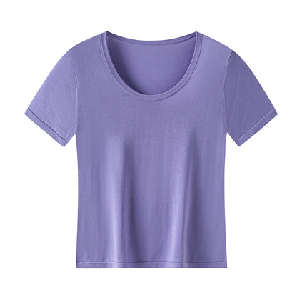 Bare-feel U-neck short sleeve top with natural shoulder line