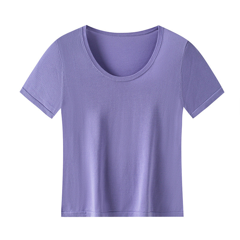 Bare-feel U-neck short sleeve top with natural shoulder line