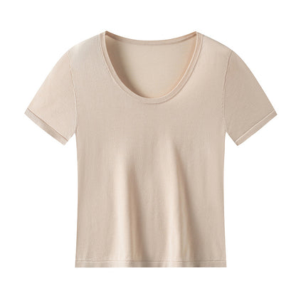 Bare-feel U-neck short sleeve top with natural shoulder line
