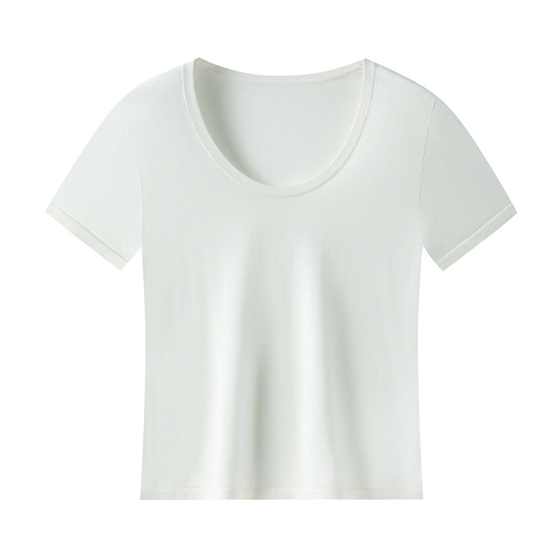 Bare-feel U-neck short sleeve top with natural shoulder line