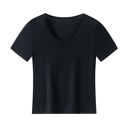 Bare-feel U-neck short sleeve top with natural shoulder line