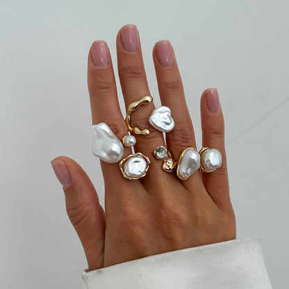 Baroque Imitation Pearl Open Ring Set Geometric Asymmetric Design