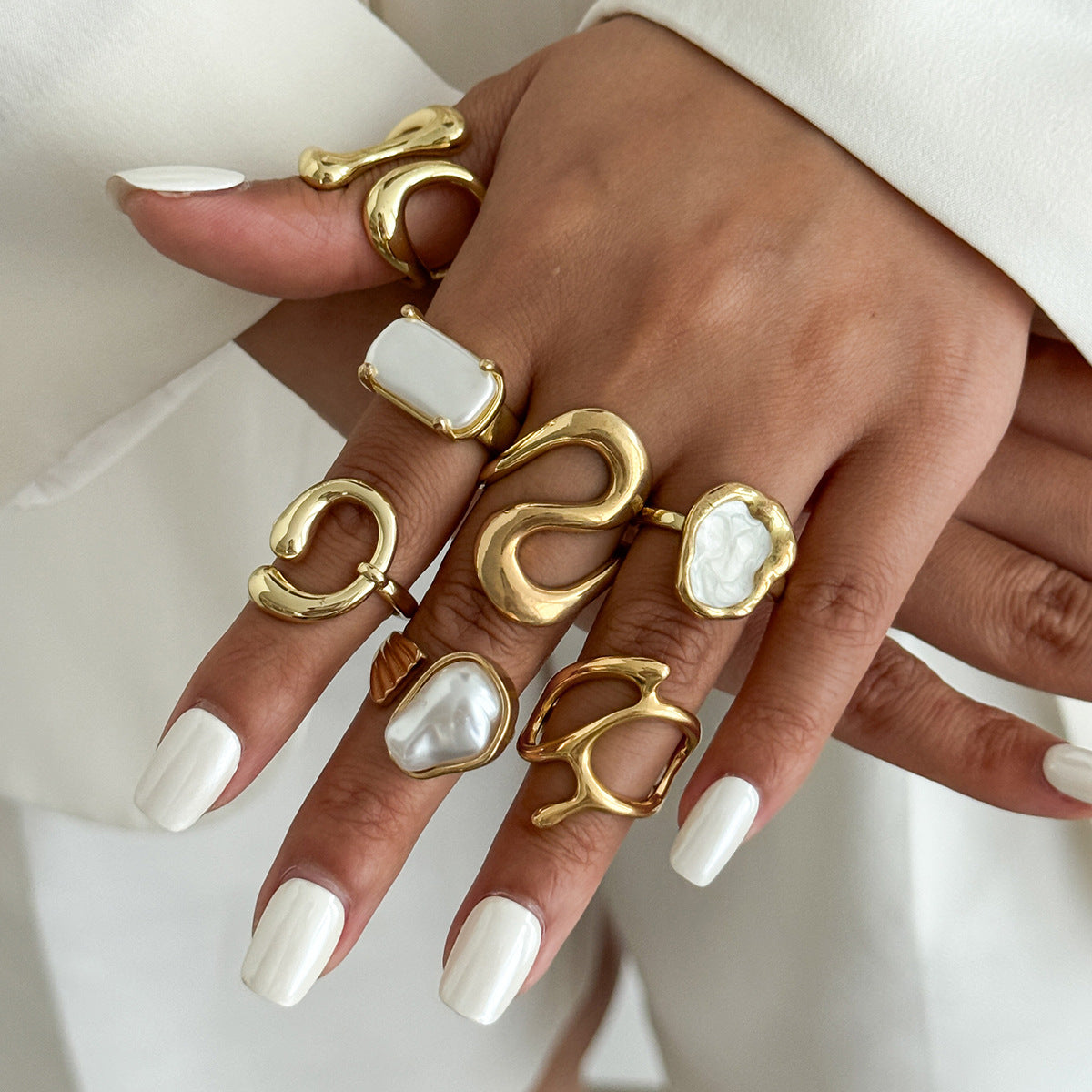 Baroque Imitation Pearl Open Ring Set Geometric Asymmetric Design