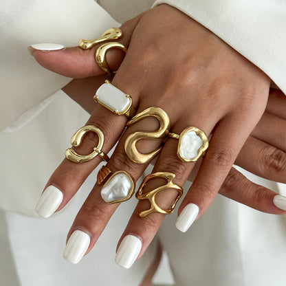 Baroque Imitation Pearl Open Ring Set Geometric Asymmetric Design