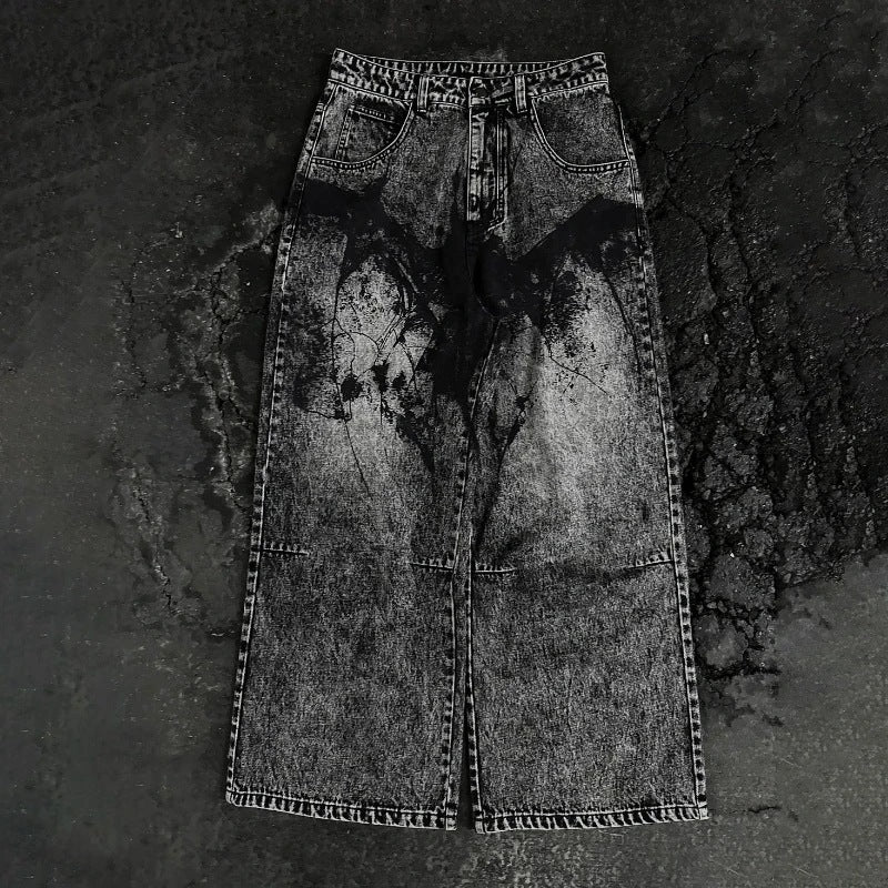 Bat Embroidery High Waist Straight Leg Denim Pants