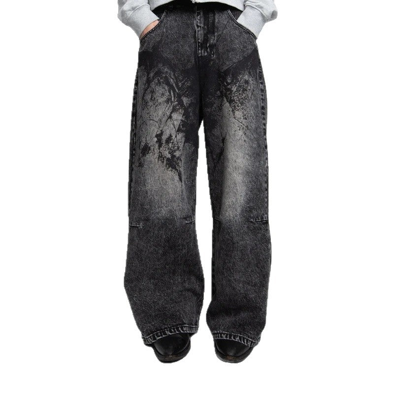 Bat Embroidery High Waist Straight Leg Denim Pants