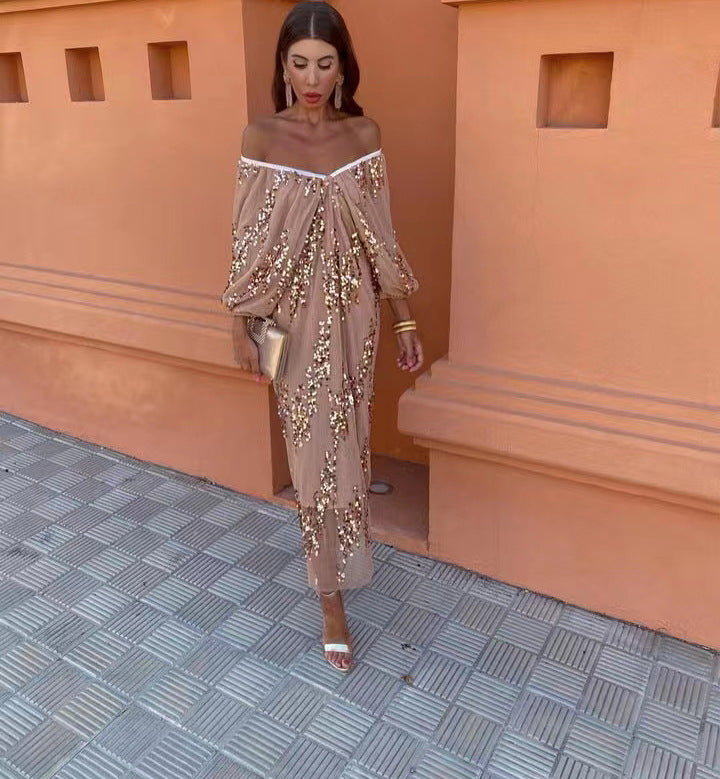 Bat SleeVe Sequined Deep V Neck Long Dress