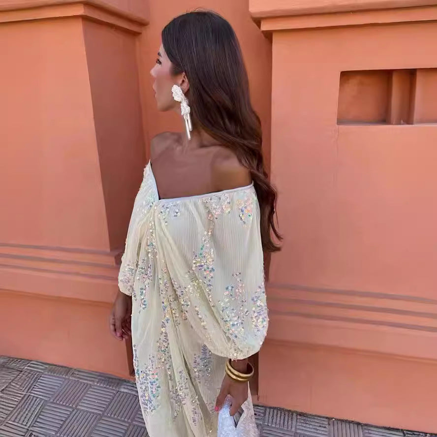 Bat SleeVe Sequined Deep V Neck Long Dress