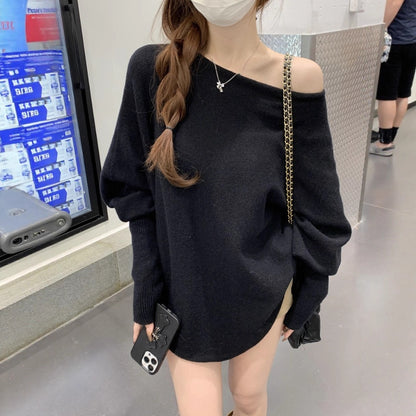 Bat-sleeved off-the-shoulder knitted sweater