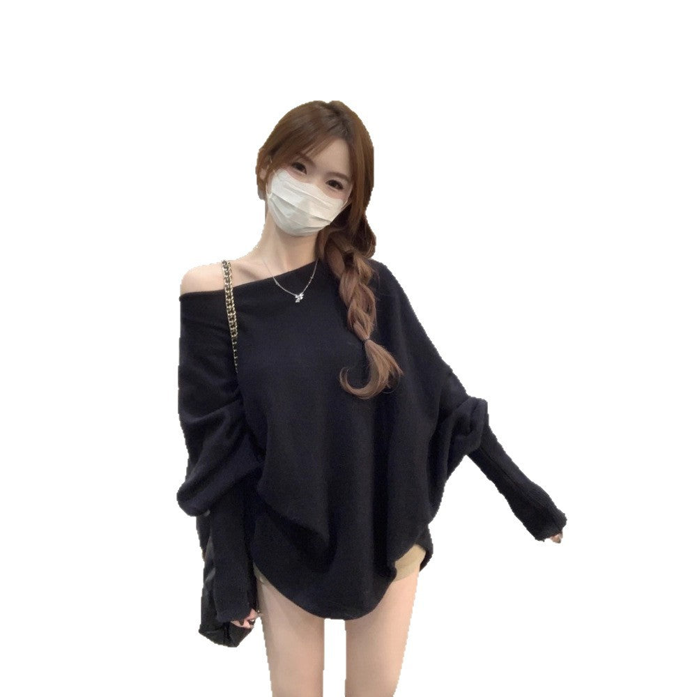 Bat-sleeved off-the-shoulder knitted sweater