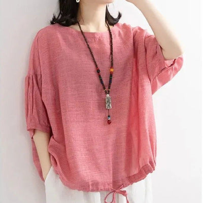 Batshirt Hem Drawstring Crewneck Mid-Sleeve Pullover