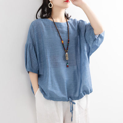Batshirt Hem Drawstring Crewneck Mid-Sleeve Pullover