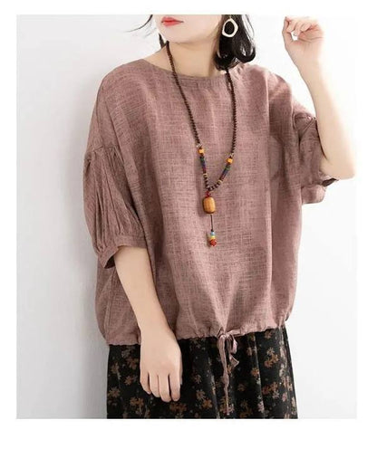 Batshirt Hem Drawstring Crewneck Mid-Sleeve Pullover
