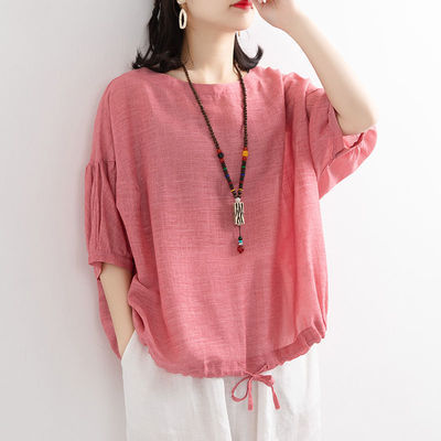 Batshirt Hem Drawstring Crewneck Mid-Sleeve Pullover