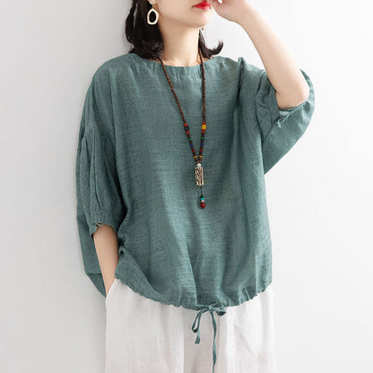 Batshirt Hem Drawstring Crewneck Mid-Sleeve Pullover