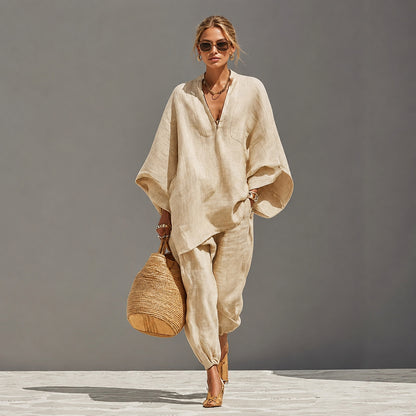 Batwing Sleeve V-Neck Casual Pants Suit