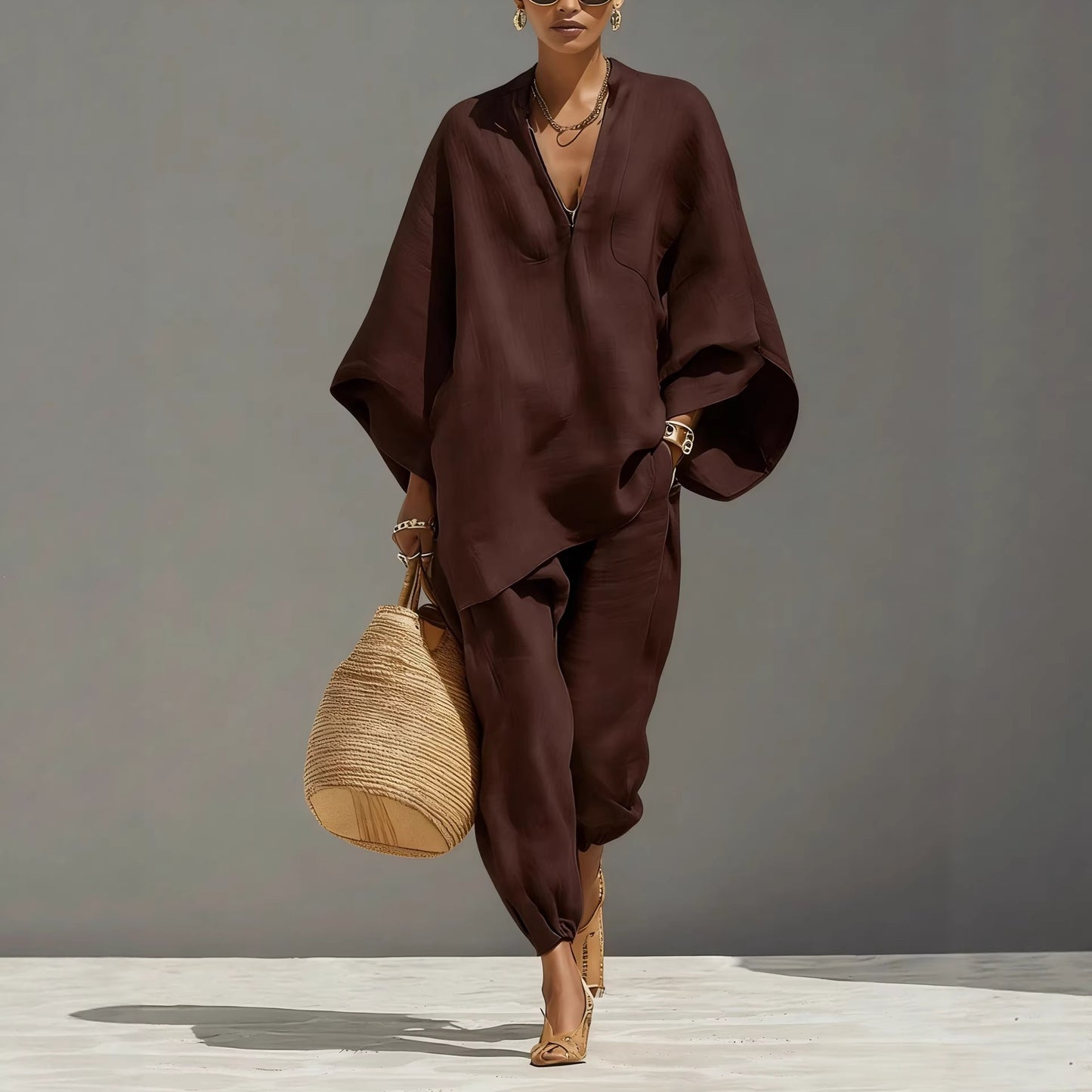 Batwing Sleeve V-Neck Casual Pants Suit