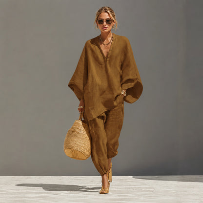 Batwing Sleeve V-Neck Casual Pants Suit
