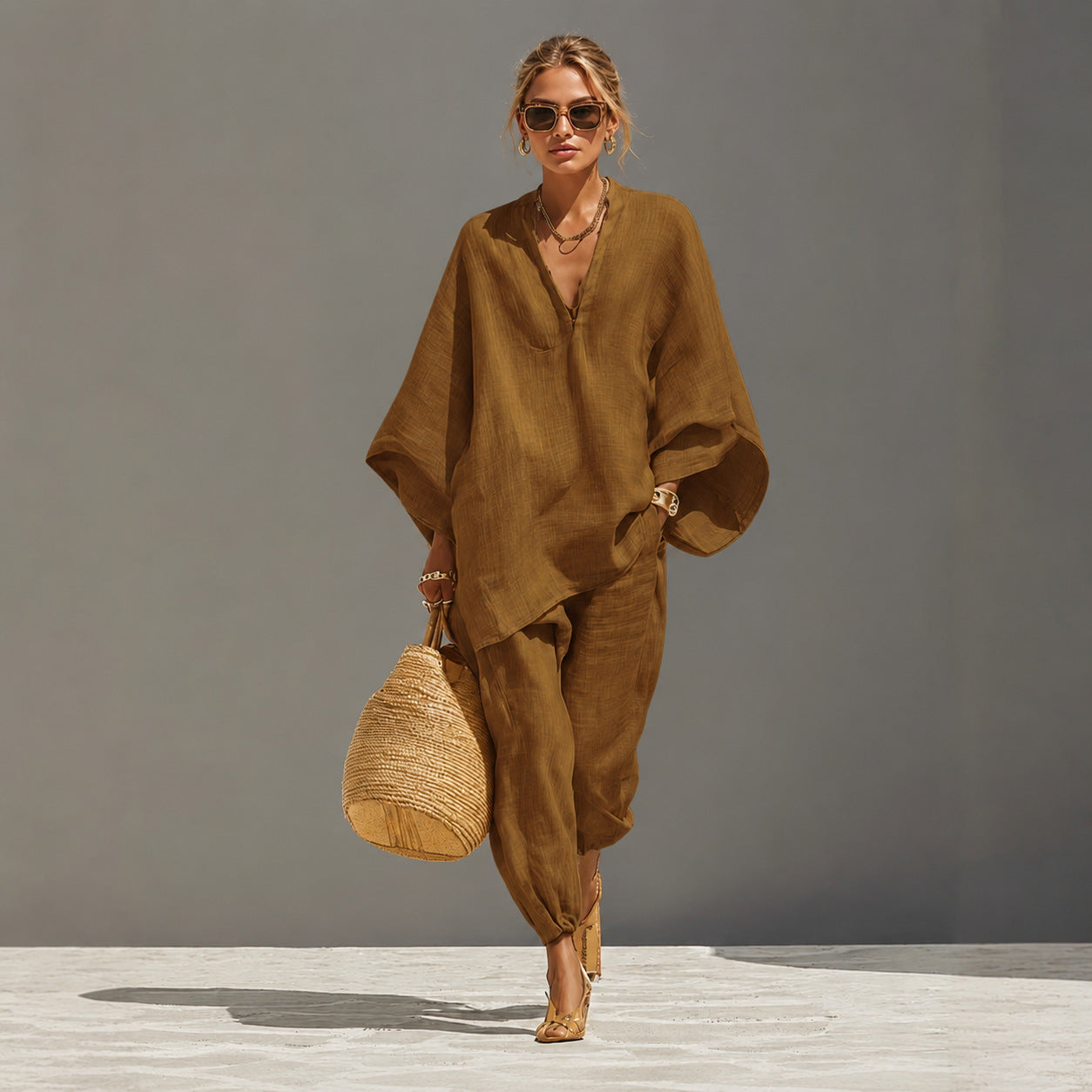 Batwing Sleeve V-Neck Casual Pants Suit