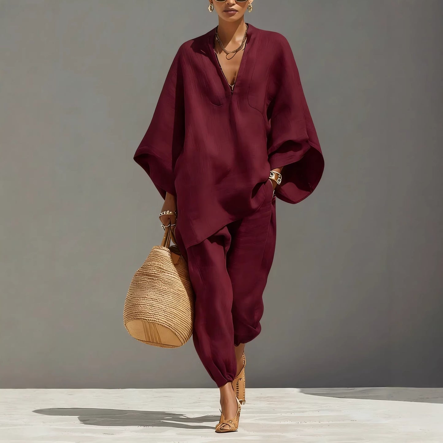 Batwing Sleeve V-Neck Casual Pants Suit