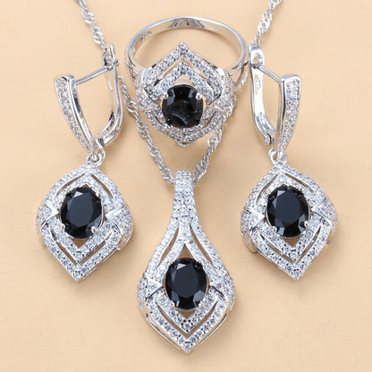 Gem-inlaid Pendant Earrings Necklace Ring Set – Perfect for Ladies